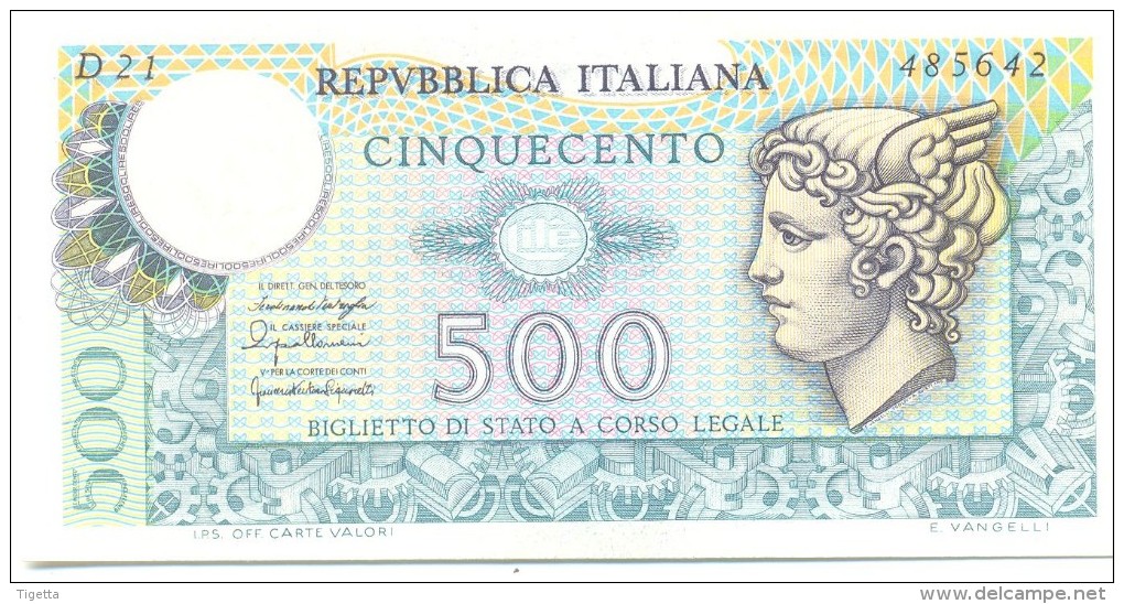 ITALIA BANCONOTA DA LIRE 500 FDS MERCURIO DECRETO 20/12/76  SERIE D21  485642 - 500 Lire