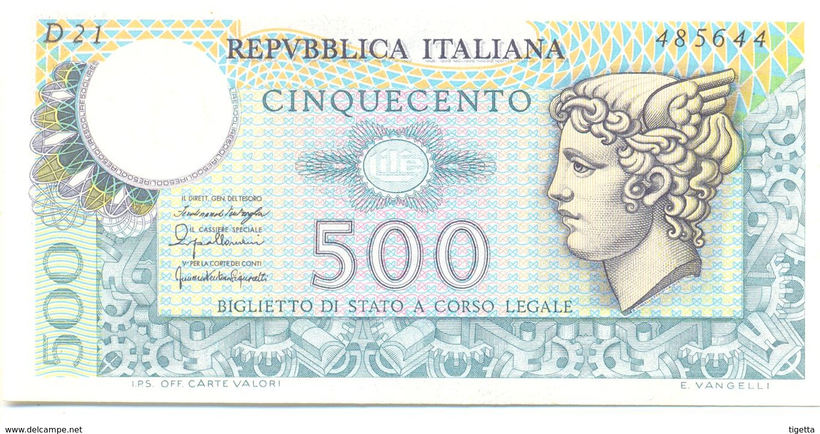 ITALIA BANCONOTA DA LIRE 500 FDS MERCURIO DECRETO 20/12/76  SERIE D21  485642 - 500 Lire