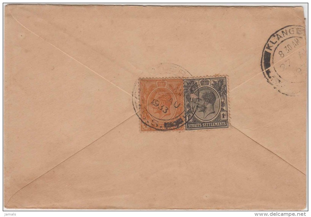 King George V, Straits Settlements, Commercial Cover  To India, As Per The Scan - Straits Settlements