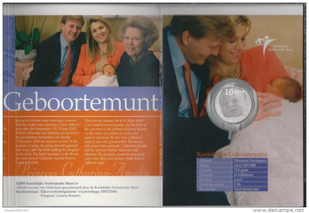 NL.- Koninklijke Geboortemunt. Zilveren 10 Euro Ter Gelegenheid Van De Geboorte Van Prinses Amalia 7-12-2003. 4 Scans - Zonder Classificatie