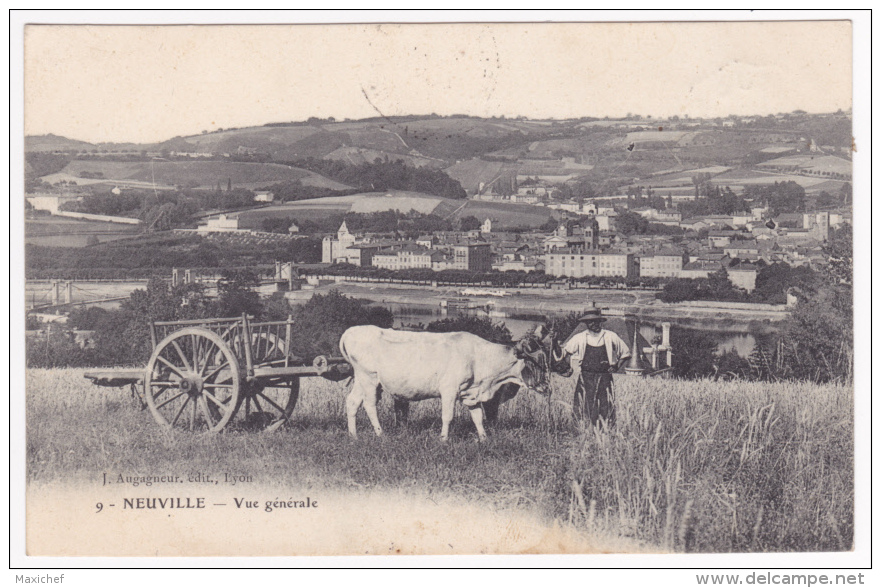 Neuville - Vue Générale, Au Premier Plan, Attelage D'un Tombereau à Deux Boeufs - Circulé 1907, Convoyeur Ligne Lyon à D - Neuville Sur Saone