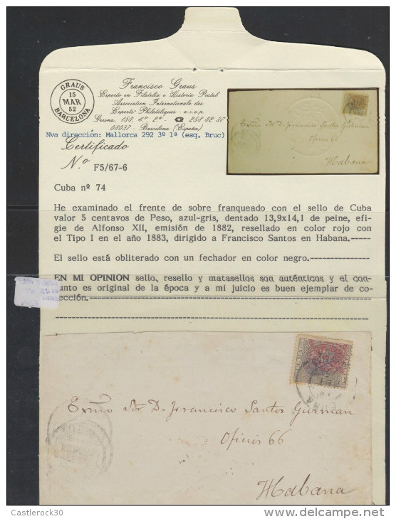 O) 1883 CARIBE, ENVELOPE, SEAL 5 CENTAVOS BLUE GREY, ARAÑITAS, CERTICATE GRAUS, EFIGIE ALFONSO XII, RESEALED RED TY - Automatenmarken (Frama)