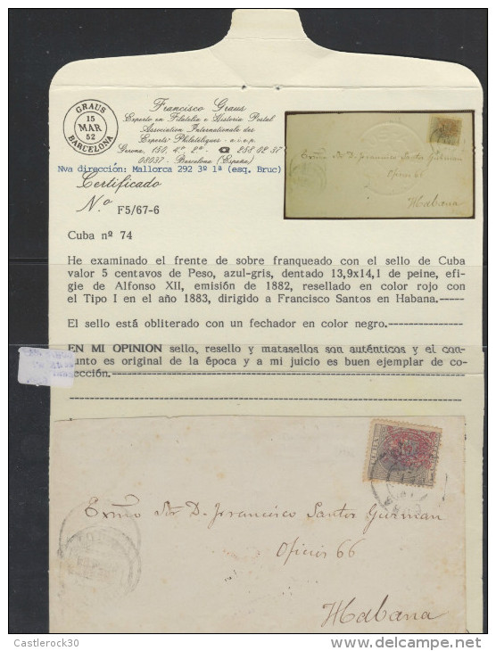 O) 1883 CARIBE, ENVELOPE, SEAL 5 CENTAVOS BLUE GREY, ARAÑITAS, CERTICATE GRAUS, EFIGIE ALFONSO XII, RESEALED RED TY - Franking Labels