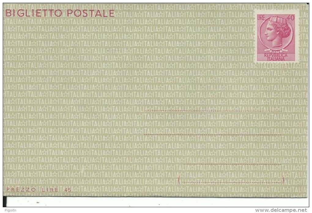 BPB47.1-INTERO POSTALE -B47 -BIGLIETTO POSTALE SIRACUSANA L.40- NUOVO - Stamped Stationery