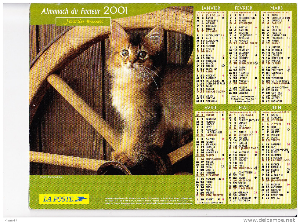Almanach Des PTT 2001, Chat Sur Une Roue De Charrette / Chaton Caché, J. CARTIER BRESSON - Grand Format : 2001-...