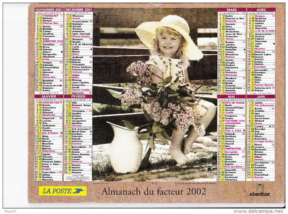 Almanach Des PTT 2002, Jeune Fille Au Broc / Couple D'enfants S'embrassant, OBERTHUR - Tamaño Grande : 2001-...
