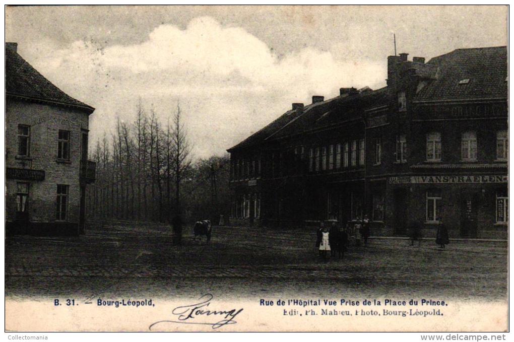 Leopoldsburg  4 CP   Post   Kerk '07 Gasthuisstr      Café A La  1907      Molen 1904     Station 1907 - Leopoldsburg