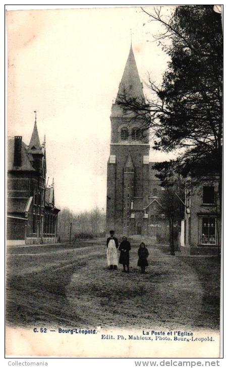 Leopoldsburg  4 CP   Post   Kerk '07 Gasthuisstr      Café A La  1907      Molen 1904     Station 1907 - Leopoldsburg