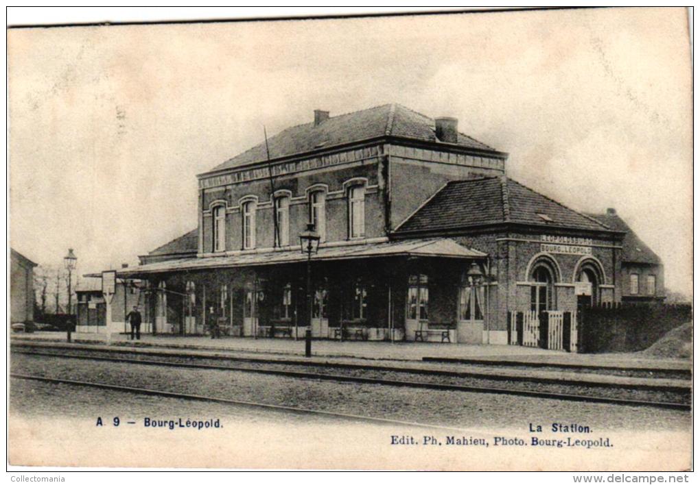 Leopoldsburg  4 CP   Post   Kerk '07 Gasthuisstr      Café A La  1907      Molen 1904     Station 1907 - Leopoldsburg