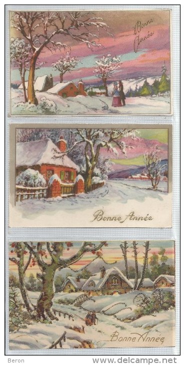 Lot De 3 Cartes Bonne Année Paysage De Neige Ecrites Dans Les Annees 40 - Nieuwjaar