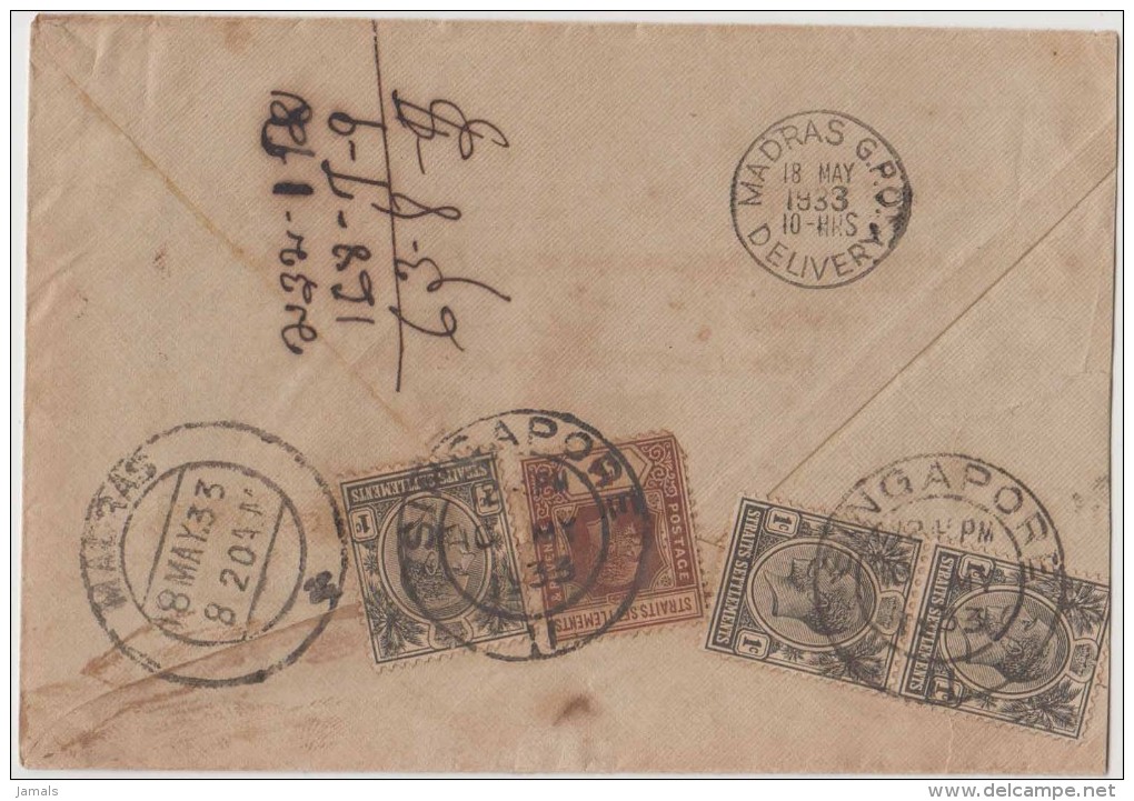 King George V, Straits Settlements, Commercial Cover, Singapore To India, As Per The Scan - Straits Settlements