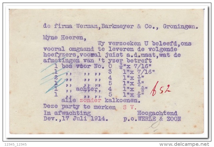 Nederland 1914, Werle & Zoon Deventer, Horseshoes, Horses - Brieven En Documenten