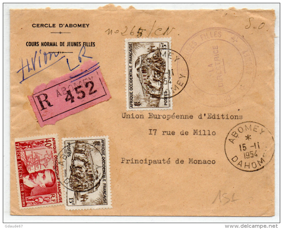 1954 - AOF - ENVELOPPE RECOMMANDEE De ABOMEY (DAHOMEY) Du CERCLE NORMAL DE JEUNES FILLES - Covers & Documents