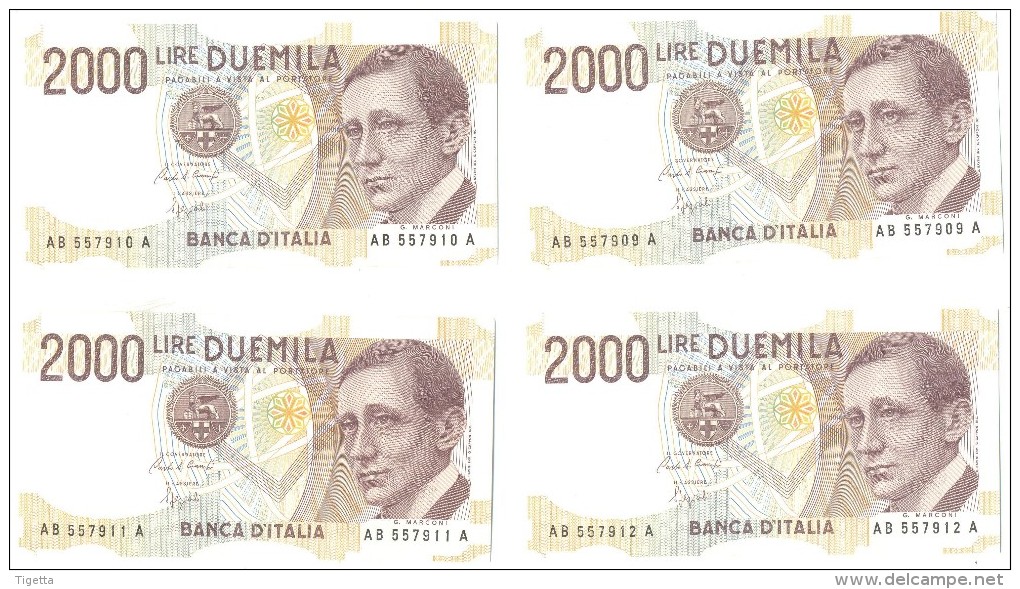 ITALIA BANCONOTE DA LIRE 2000  MARCONI LOTTO DI 4 CONSECUTIVE  SERIE AB 557909 A-AB 557912 A   FDS - 2000 Lire