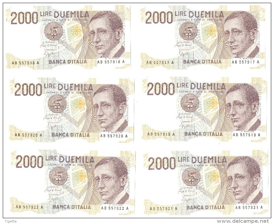 ITALIA BANCONOTE DA LIRE 2000  MARCONI LOTTO DI 6 CONSECUTIVE  SERIE AB 557917 A-AB 557922 A   FDS - 2000 Lire