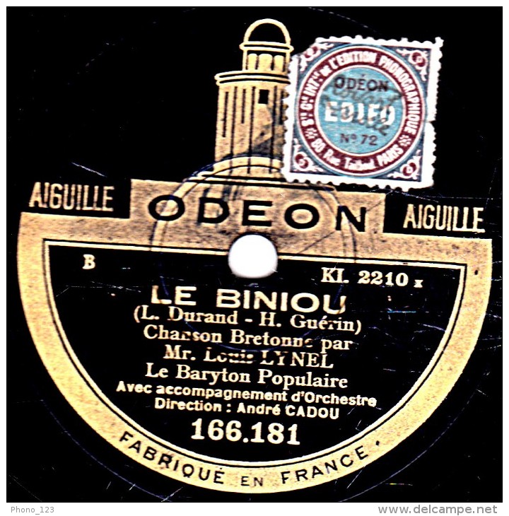 78 Trs - ODEON 166.181- état  TB -  Louis LYNEL - LES DEUX MENETRIERS - LE BINIOU - 78 Rpm - Schellackplatten