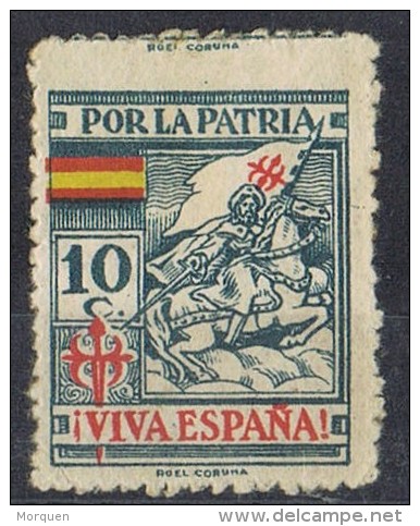 Sello Por La Patria Guerra Civil SANTIAGO (Coruña) 10 Cts, Azul, Variedad Salto Peine * - Viñetas De La Guerra Civil