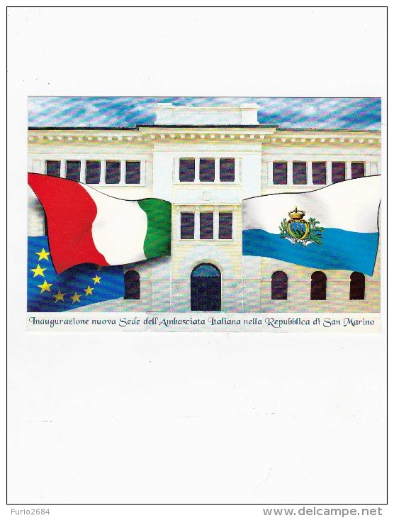 SP-619 CARTOLINA POSTALE SAN MARINO TIMBRO PRIMO GIORNO INNAUGURAZIONE NUOVA SEDE AMBASCIATA ITALIAN - Lettres & Documents