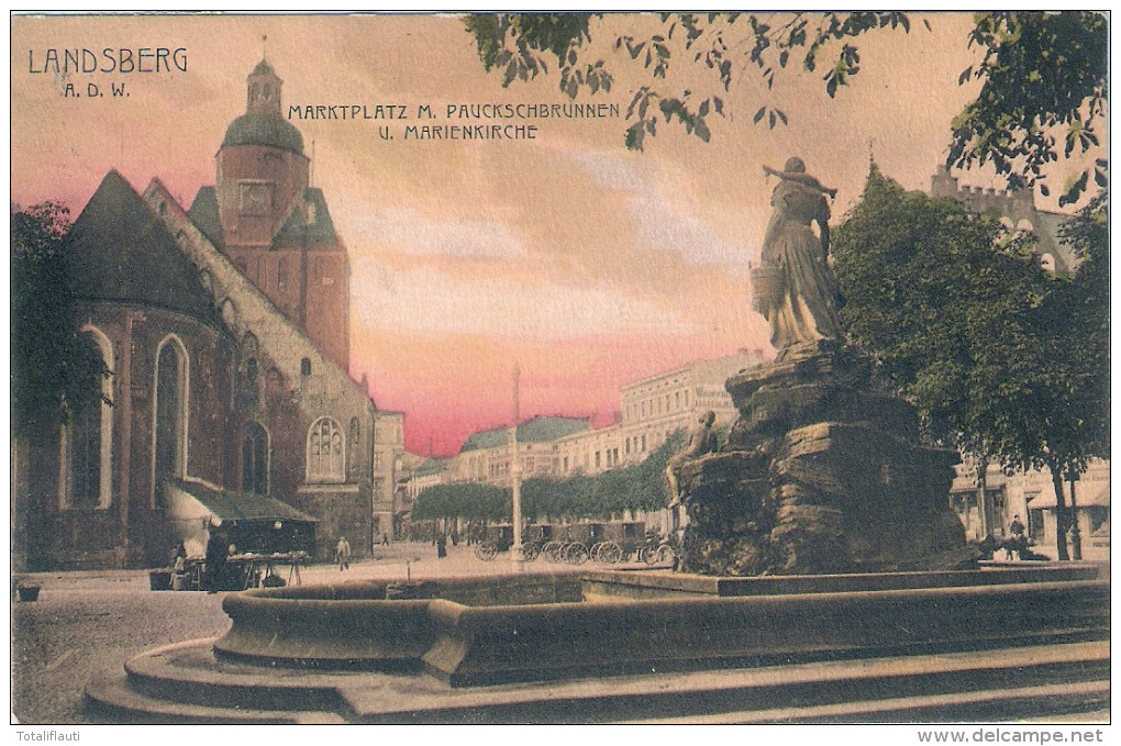 LANDSBERG Warthe Markt Gorzow Händler Pferde Droschke Denkmal Brunnen 21.8.1910 Gelaufen - Neumark