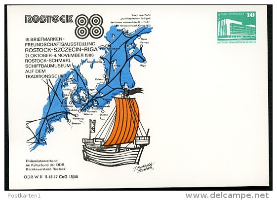 DDR PP18 D2/031 Privat-Postkarte LANDKARTE HANSE 15.Jh Rostock 1988 - Privé Postkaarten - Ongebruikt