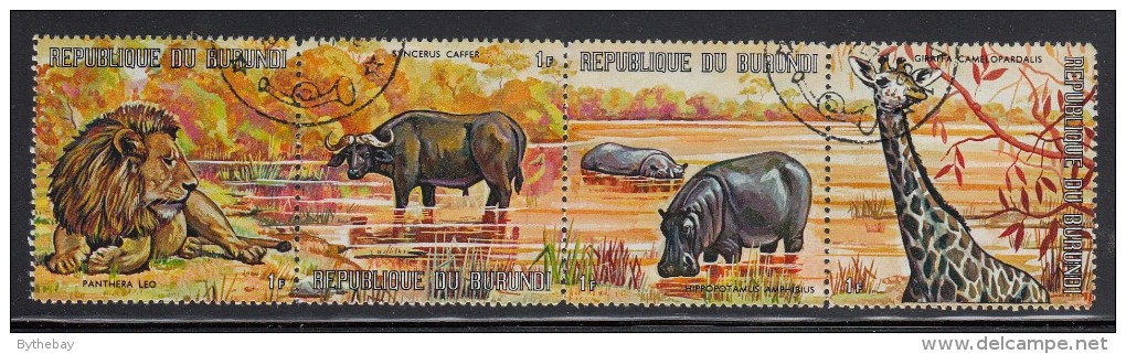 Burundi Used Scott #355 Strip Of 4 1fr Lion, Cape Buffalo, Hippopotomus, Giraffe - Oblitérés