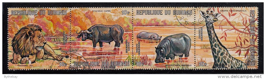 Burundi Used Scott #C146 Strip Of 4 10fr Lion, Cape Buffalo, Hippopotomus, Giraffe - Oblitérés