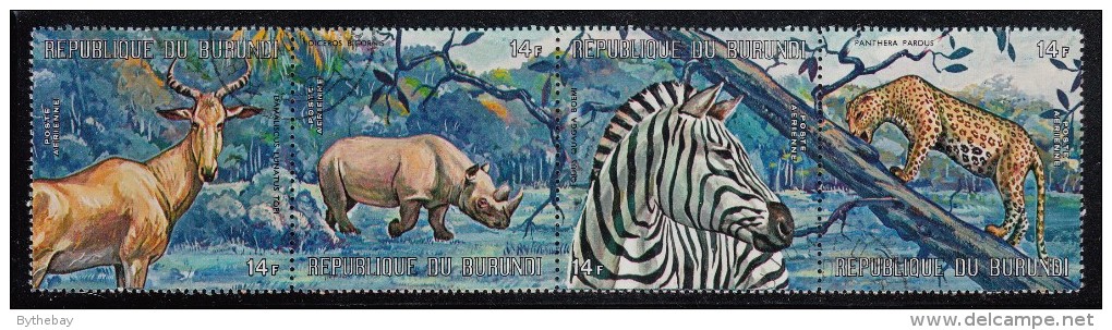 Burundi Used Scott #C147 Strip Of 4 14fr Hartebeest, Black Rhinoceros, Zebra, Leopard - Oblitérés