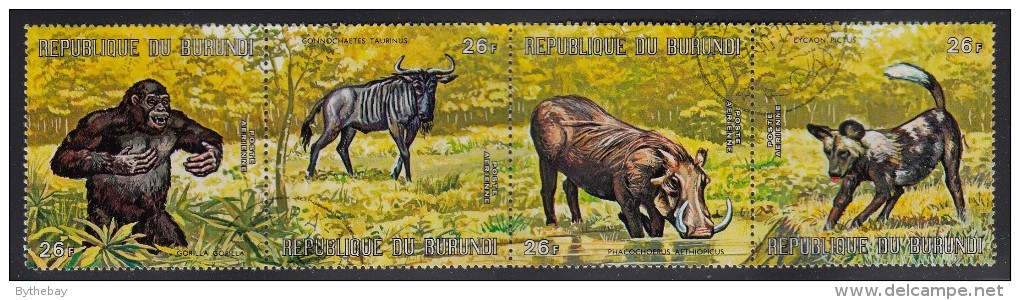 Burundi Used Scott #C150 Strip Of 4 26fr Gorilla, Gnu, Wart Hog, Cape Hunting Dog - Oblitérés