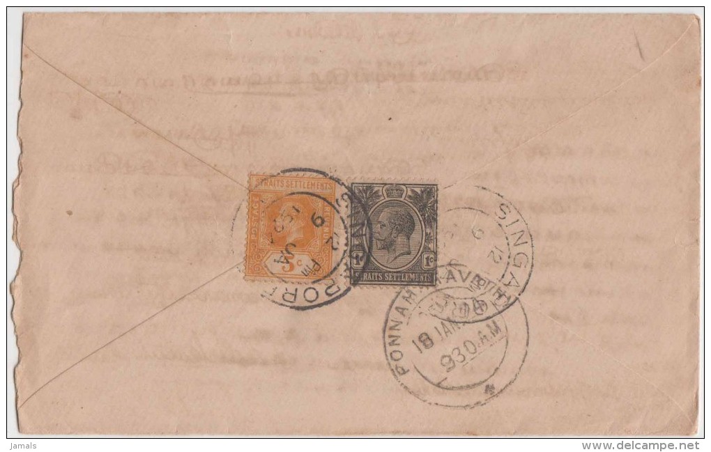 King George V, Straits Settlements, Commercial Cover, Singapore To India, As Per The Scan - Straits Settlements