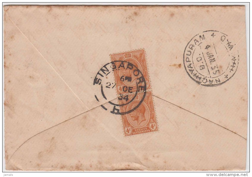 King George V, Straits Settlements, Commercial Cover, Singapore To India, As Per The Scan - Straits Settlements