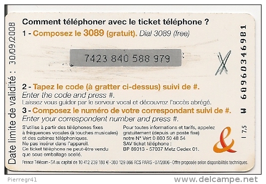 TICKET TELEPHONE-7.5€-INTERNATIONAL-30/09/2008-TBE - FT