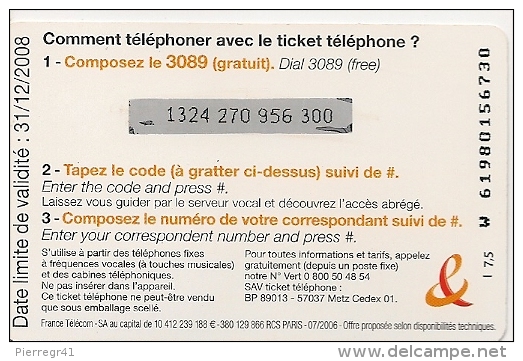 TICKET TELEPHONE-7.5€-INTERNATIO NAL-30/12/2008-TBE - Tickets FT