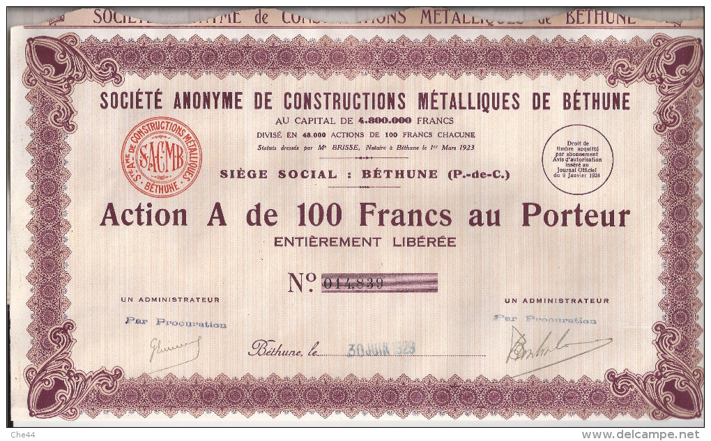 Action Société Anonyme De Construction Métalliques De Béthune : N°14839. (Voir Commentaires) - Industrie