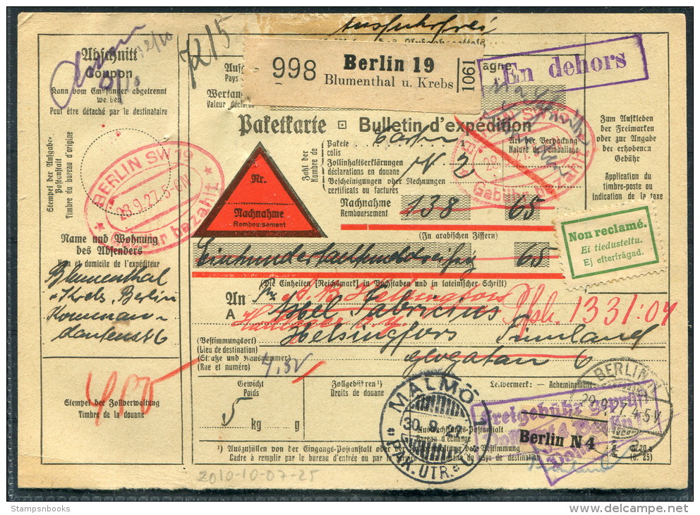 1927 Germany Finland Sweden Paketkarten Gebuhr Bezahlt Berlin Malmo Helsingfors En Dehors Non Reclame Nachnahme Censor - Briefe U. Dokumente