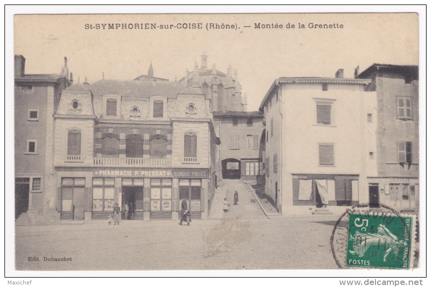 Saint Symphorien Sur Coise - Montée De La Grenette (Pharmacie P. Pressat) 1912, Cachet Facteur Boitier Ste Cecile (71) - Saint-Symphorien-sur-Coise