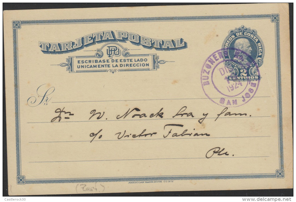 O) 1924 COSTA RICA, POSTAL STATIONARY, COLON 2 CENTIMOS VIOLET, FROM SAN JOSE, XF - Costa Rica