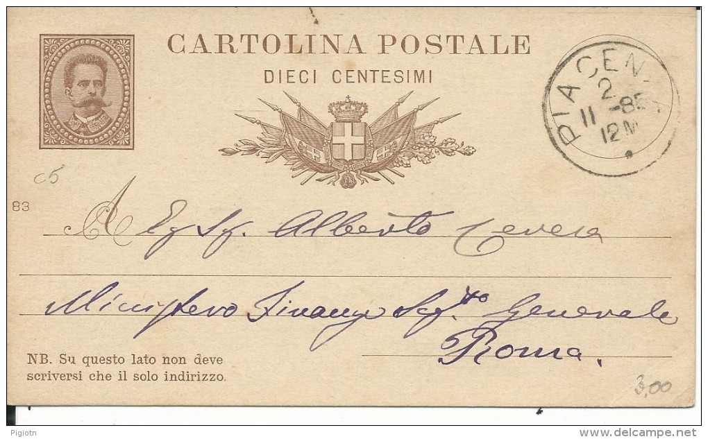 CPC5-83.1 -INTERO POSTALE - C5 - CARTOLINA UMBERTO PRIMO MILL. 1883 - VIAGGIATA DA PIACENZA A ROMA - Interi Postali