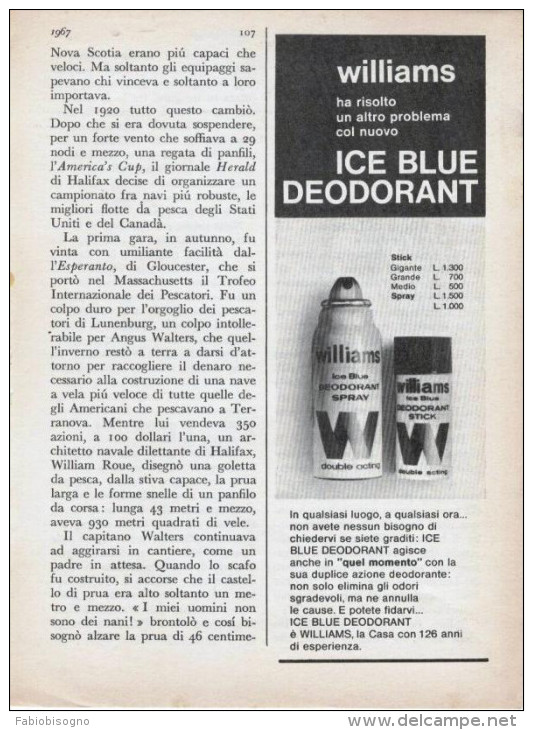 1967 - WILLIAMS Ice Blue Deodorant  -  1  P.  Pubblicità Cm. 13,5 X 18,5 - Riviste