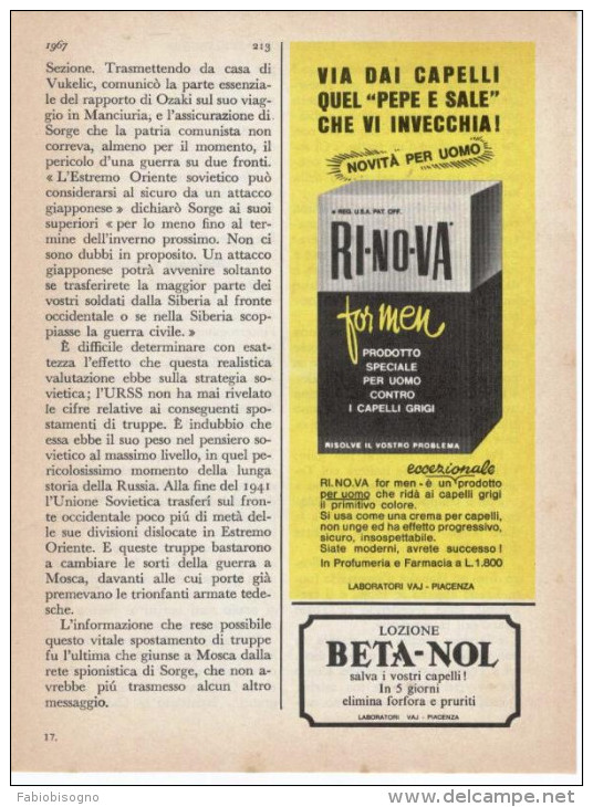 1967  -   RINOVA  For  Men     -  1 P.  Pubblicità Cm. 13,5 X 18,5 - Tijdschriften