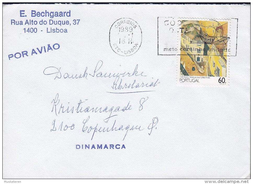 Portugal Airmail Por Aviao Slogan LISBOA 1989 Cover Letra To Denmark Painting Gemälde Carlos Bothelho Stamp - Lettres & Documents