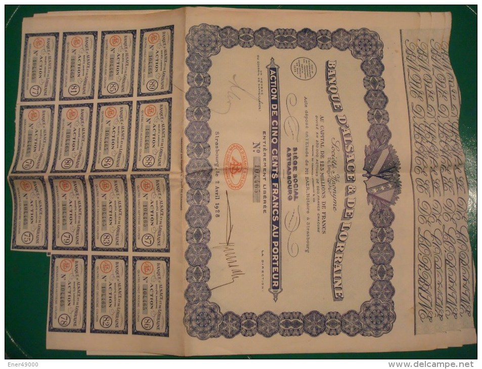 BANQUE D'ALSACE ET DE LORRAINE . ACTION DE 500 F . 2 AVRIL 1928 . LOT DE 4 EXEMPLAIRES - A - C