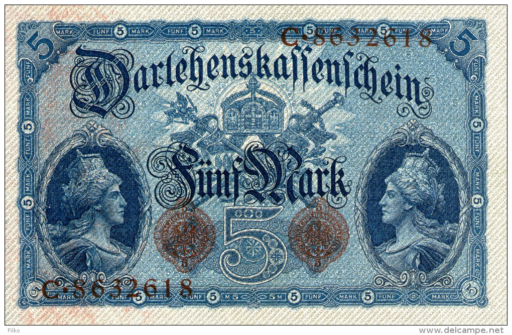 Germany,5 Mark,5.8.14, UNC,P.47b, Serie:C.8632618, 7 Stellig,see Scan - 5 Mark