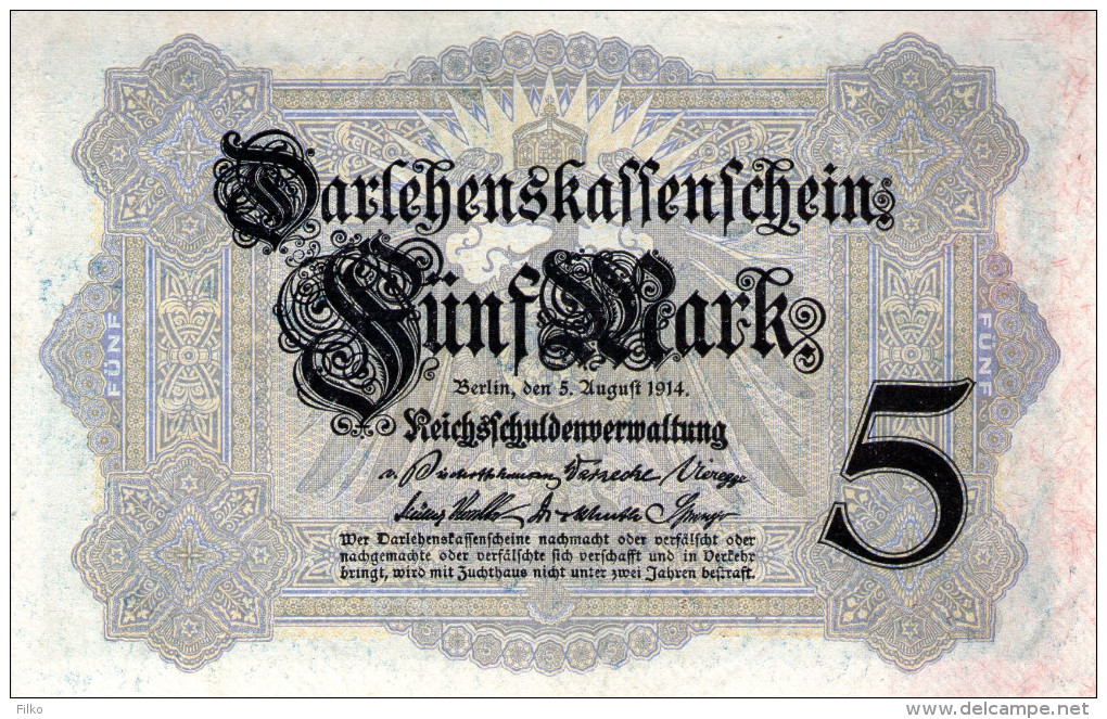 Germany,5 Mark,5.8.14, UNC,P.47b, Serie:C.8632618, 7 Stellig,see Scan - 5 Mark