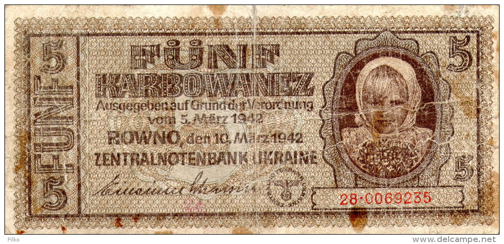 Ukraine, 5 Karbowanec,P.51,ROWNO 10.03.1942,as Scan - Segunda Guerra Mundial