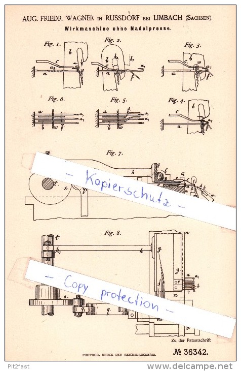 Original Patent  - A. F. Wagner In Russdorf Bei Limbach , Sachsen , 1885 , Wirkmaschine !!! - Historische Dokumente