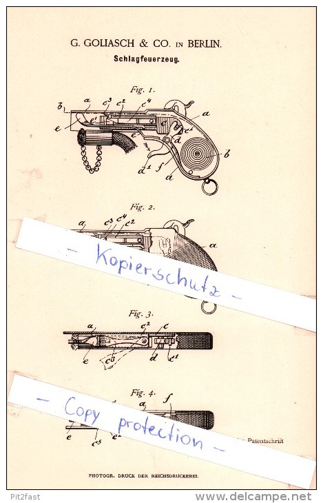 Original Patent  - G. Goliasch & Co. In Berlin , 1886 , Schlagfeuerzeug , Feuerzeug !!! - Andere & Zonder Classificatie