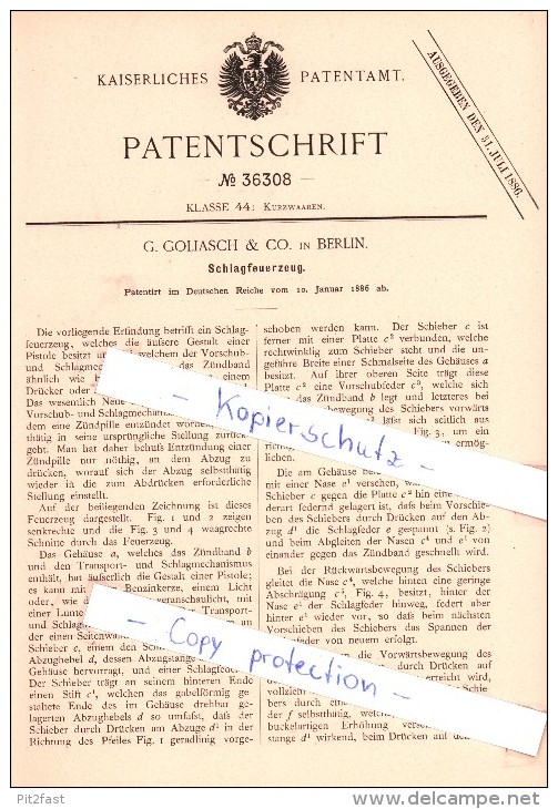 Original Patent  - G. Goliasch & Co. In Berlin , 1886 , Schlagfeuerzeug , Feuerzeug !!! - Andere & Zonder Classificatie
