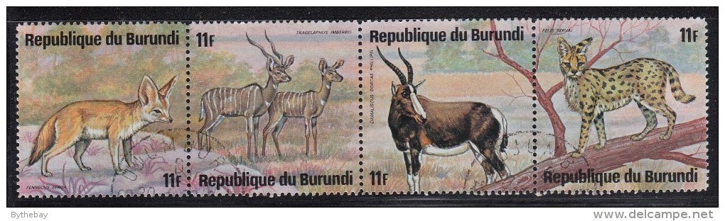 Burundi Used Scott #484 Strip Of 4 11fr Fennec, Lesser Kudus, Blesbok, Serval - Wildlife - Oblitérés