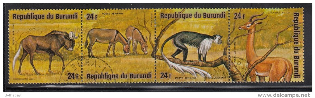 Burundi Used Scott #C221 Strip Of 4 24fr White-tailed Gnu, African Wild Asses, Black-and-white Colobus Monkey, Gerenuk - Oblitérés