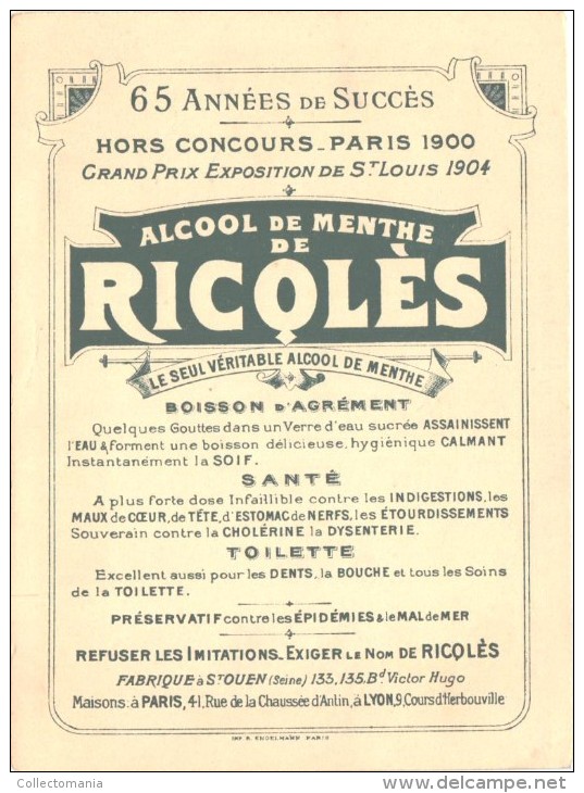 10 cartes anno 1900 PUB RICQLES chromos superbe litho - enfants chansons musique GERBAULT